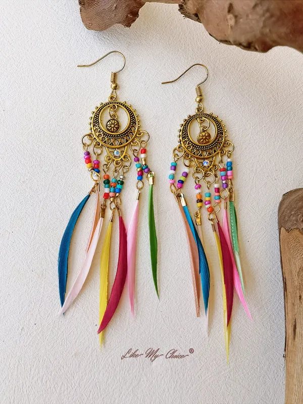 Vintage Ethnic Long Feather Dangle Boho Earrings sold by Like My Choice