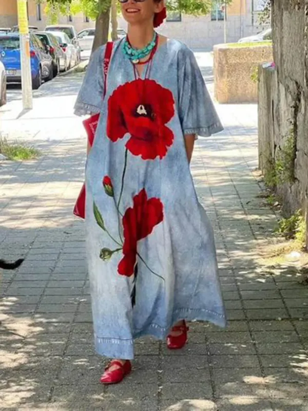 Faux Denim Print Bell Sleeve Pocket Loose Maxi Dress sold by Like My Choice