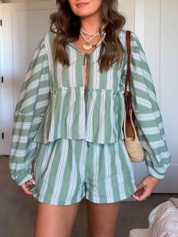 Loose Patchwork Striped Printed Shirt And Shorts Set sold by Like My Choice