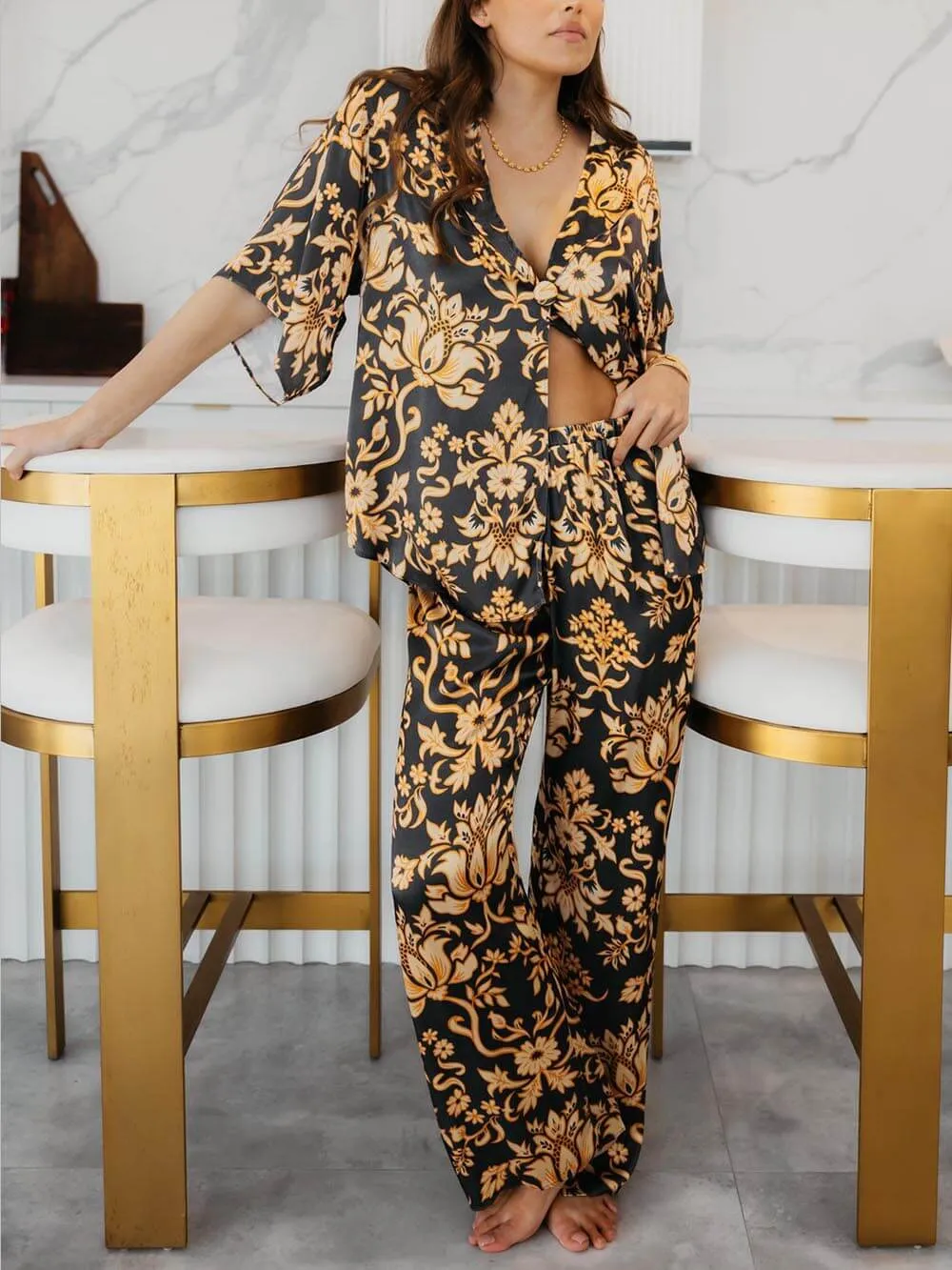 Unique Gillespie Loose Satin Printed Pocket Wide Leg Pants sold by Like My Choice product image thumbnail 3