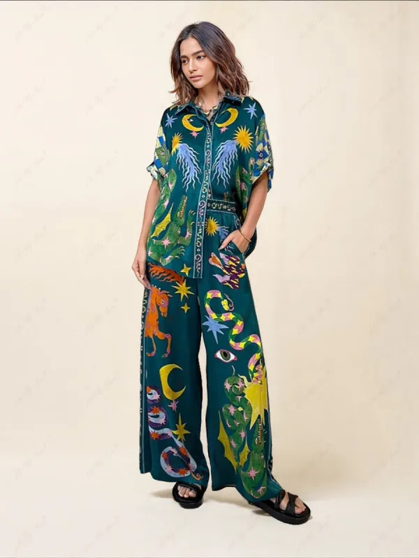 Unique Print Elastic Waist Pocketed Wide Leg Pants Set sold by Like My Choice