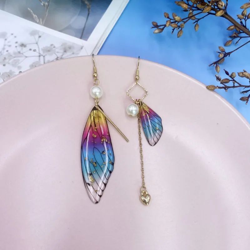Butterfly Wing Rainbow Gold Foil Cicada Wing Tassel Earrings sold by Like My Choice