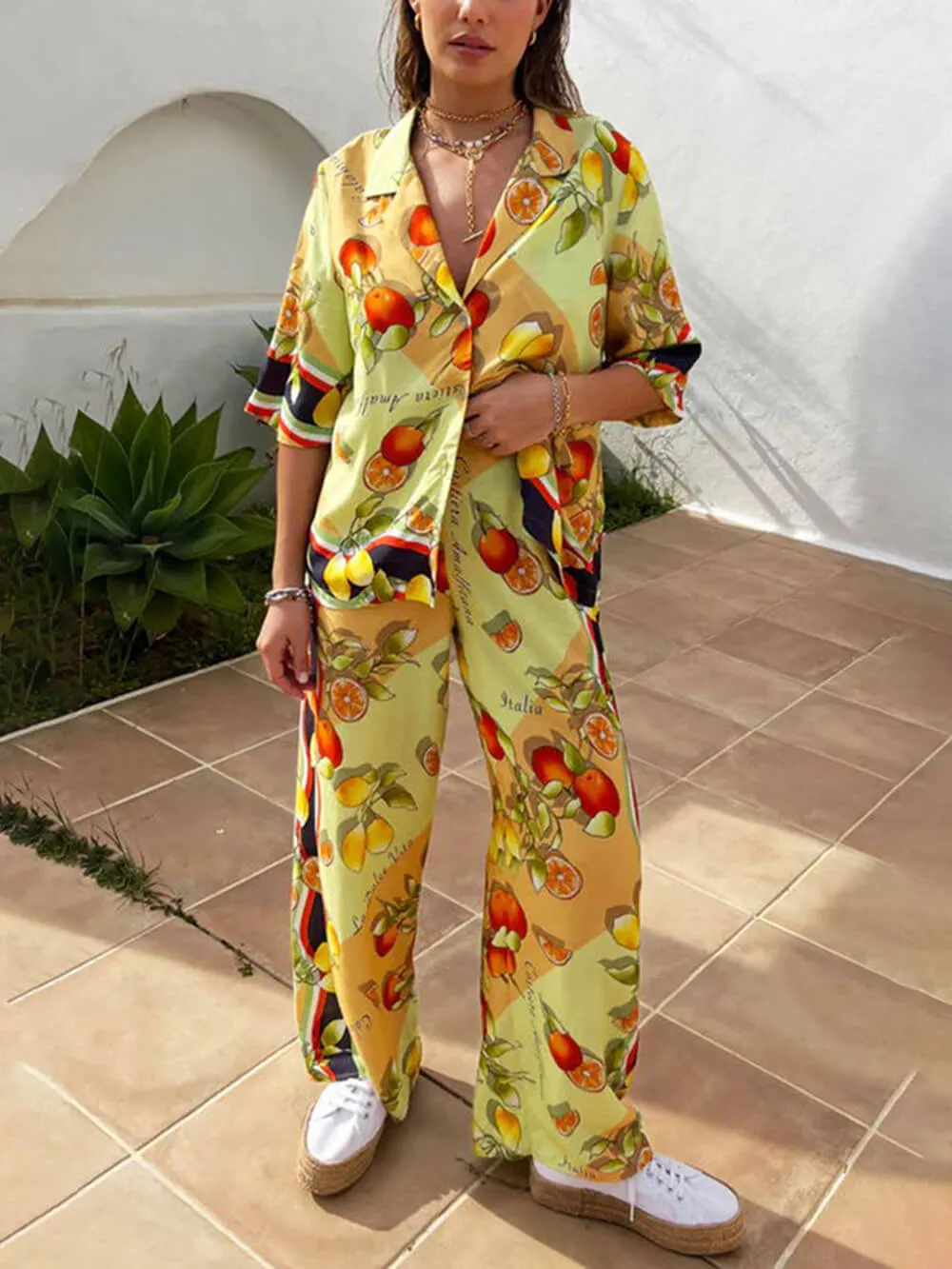 Modern Lemon Print Mid-Rise Wide Leg Pants sold by Like My Choice product image thumbnail 5