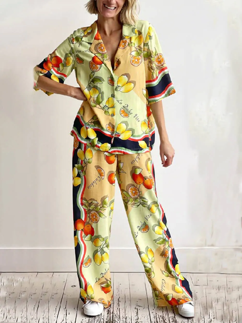 Modern Lemon Print Mid-Rise Wide Leg Pants sold by Like My Choice product image thumbnail 2