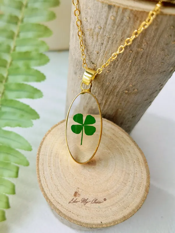 Natural Clover Resin Botanical Pendant Oval Necklace sold by Like My Choice