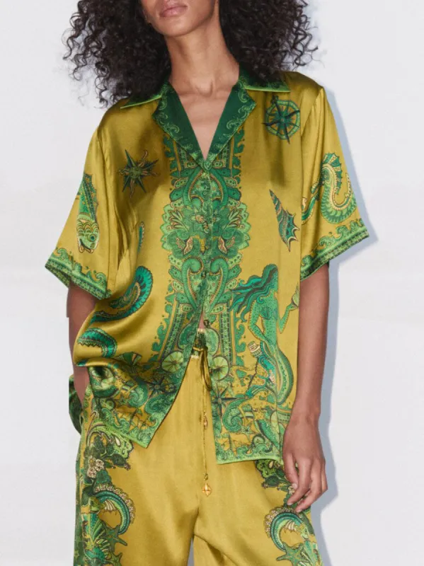 Exquisite Satin Unique Floral Print Button Down Loose Shirt sold by Like My Choice