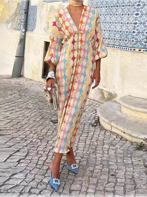 Retro Temperament Painted Print Lantern Sleeve Dress made by Like My Choice