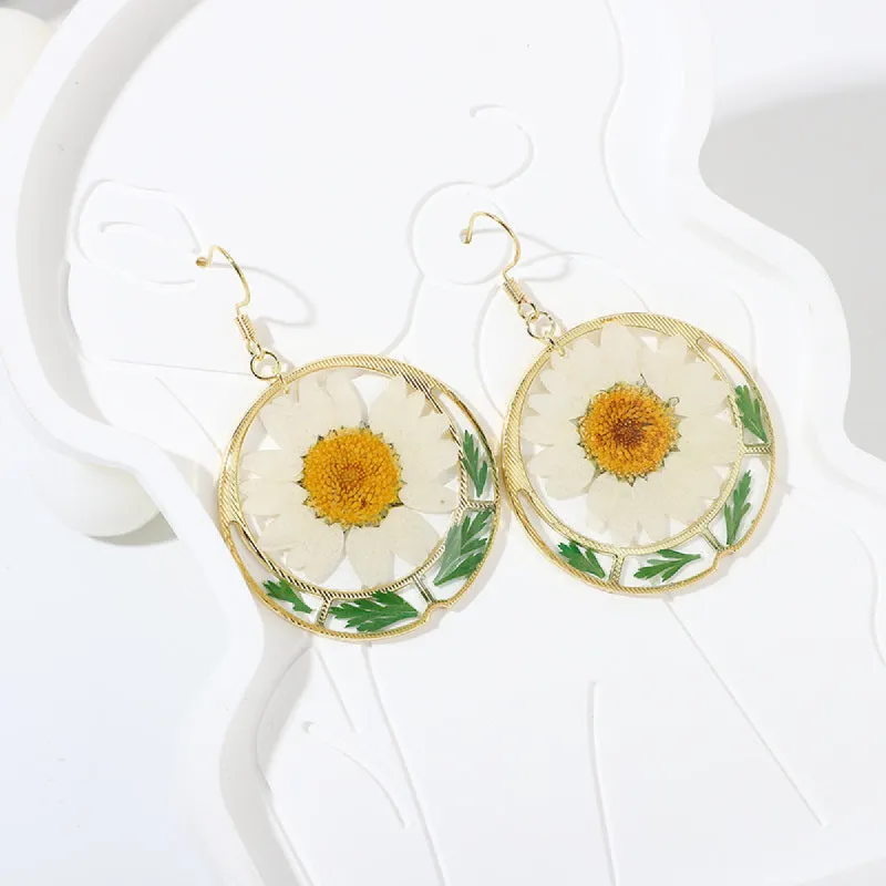 Epoxy Round White Crystal Chrysanthemum Earrings sold by Like My Choice