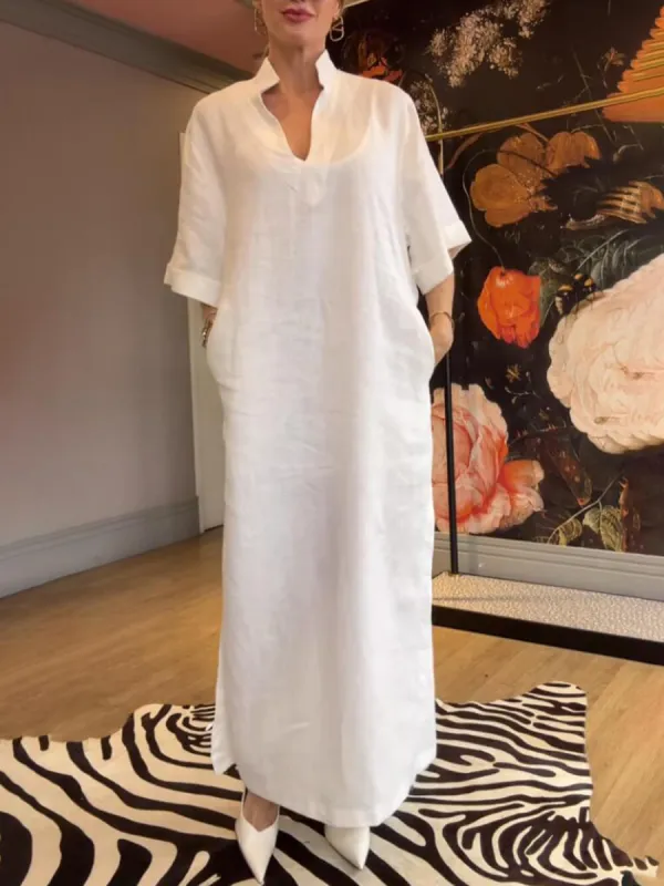 Comfortable Casual V-Neck Solid Color Linen Dress sold by Like My Choice