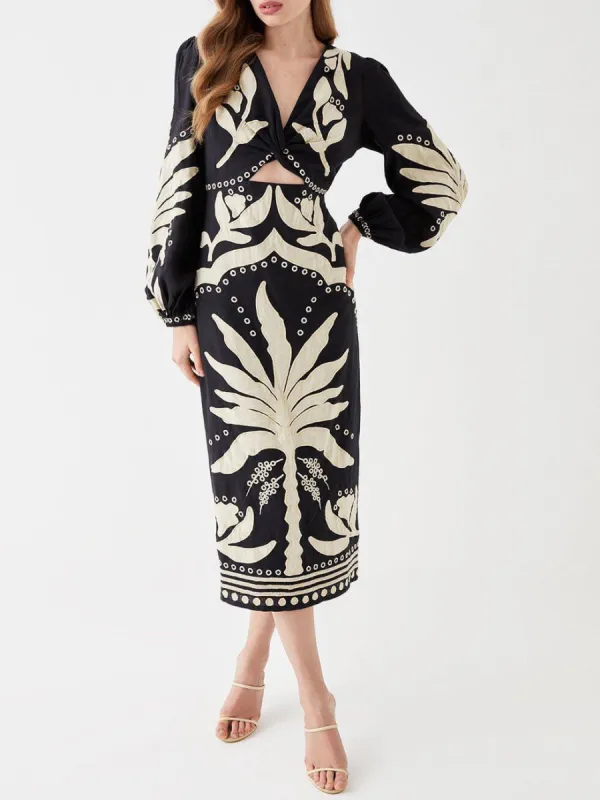 Unique Palm Tree Floral V-Neck Long Sleeve Midi Dress sold by Like My Choice