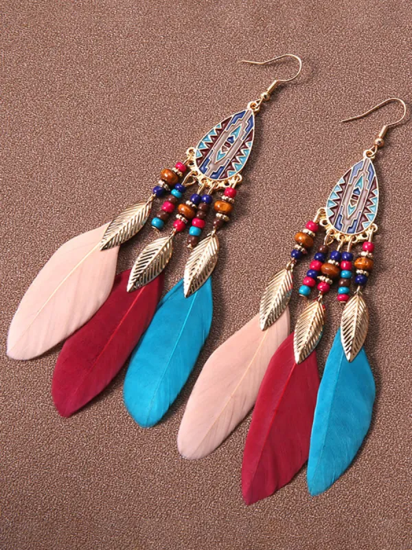 Bohemian Rice Beads Holiday Droplet Tassel Feather Earrings sold by Like My Choice