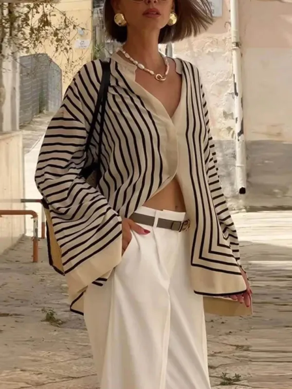 Elegant Casual Round Neck Striped Satin Loose Blouses sold by Like My Choice