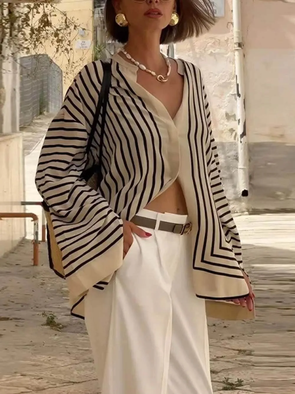 Elegant Casual Round Neck Striped Satin Loose Blouses sold by Like My Choice