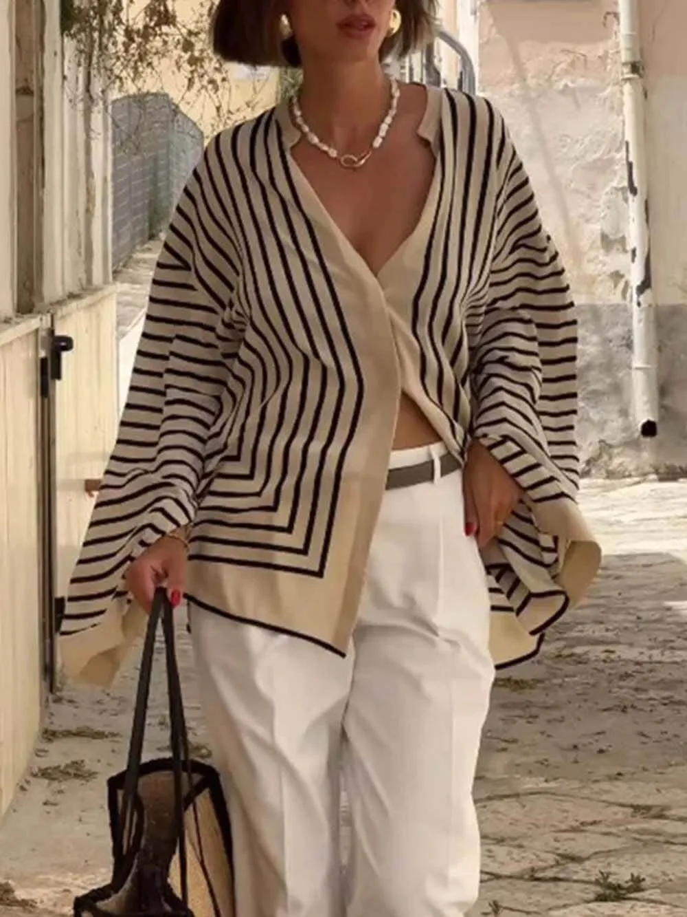 Elegant Casual Round Neck Striped Satin Loose Blouses sold by Like My Choice product image thumbnail 2