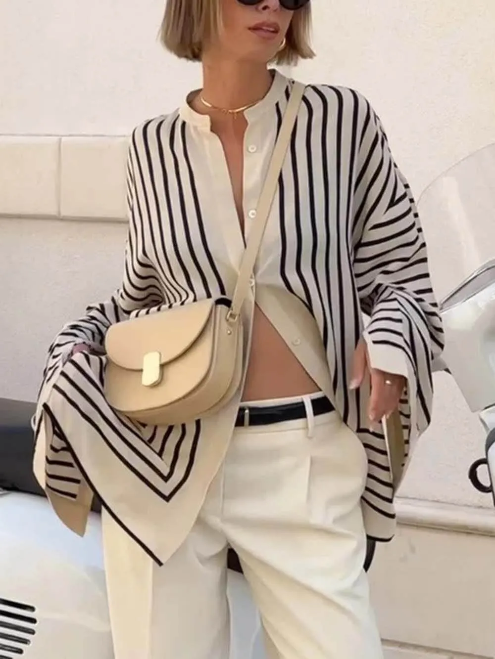 Elegant Casual Round Neck Striped Satin Loose Blouses sold by Like My Choice product image thumbnail 4