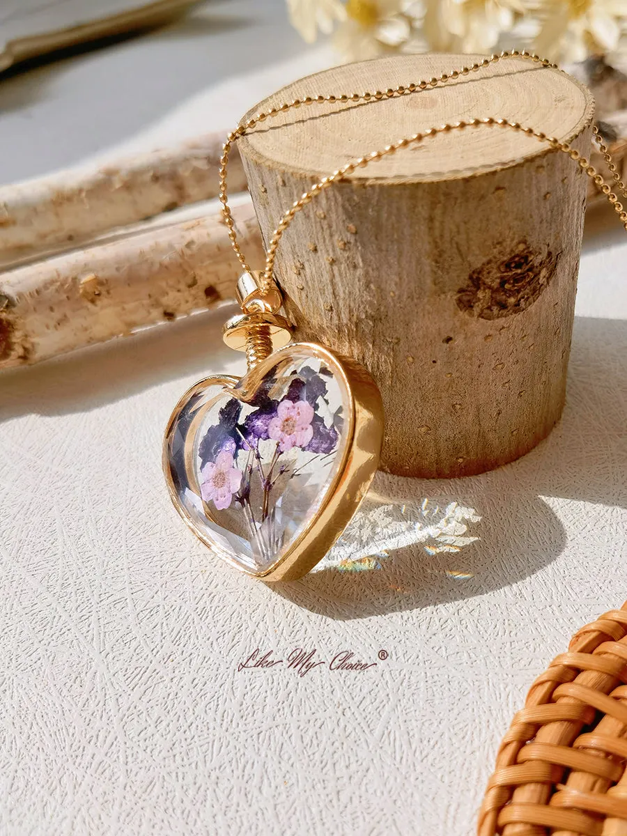 Lavender Forget-Me-Not Dried Flowers Crystal Glass Heart Necklace sold by Like My Choice product image thumbnail 3