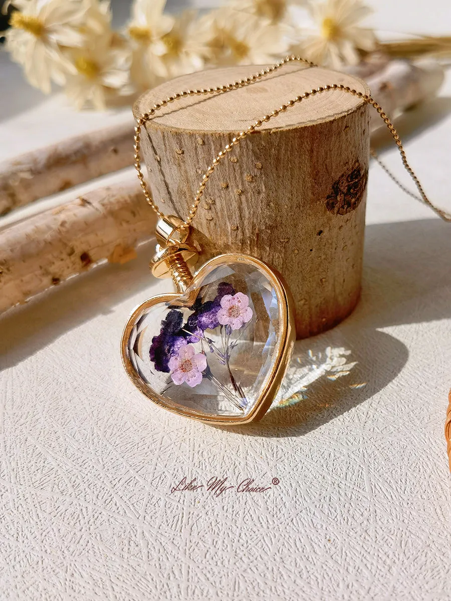 Lavender Forget-Me-Not Dried Flowers Crystal Glass Heart Necklace sold by Like My Choice product image thumbnail 4