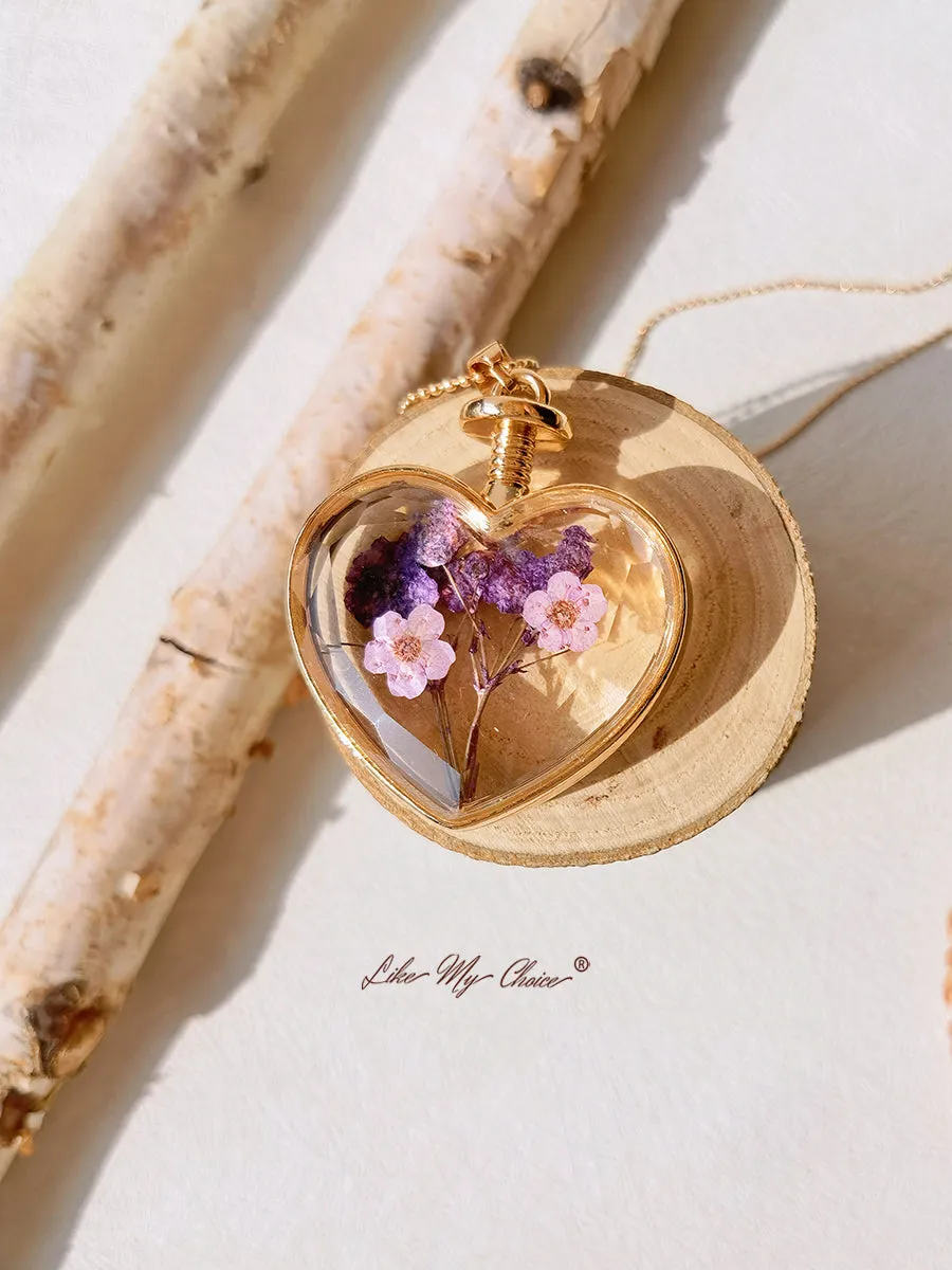 Lavender Forget-Me-Not Dried Flowers Crystal Glass Heart Necklace sold by Like My Choice