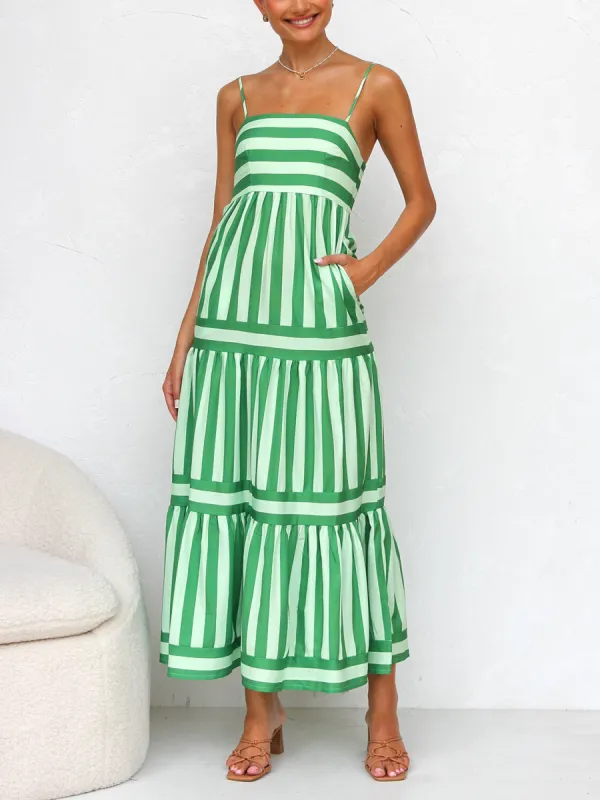 Suspender Open Back Striped Positioning Print Pocket Midi Dress sold by Like My Choice