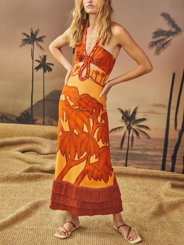 Exquisite Vintage Palm Tree Print Tassel Midi Dress sold by Like My Choice