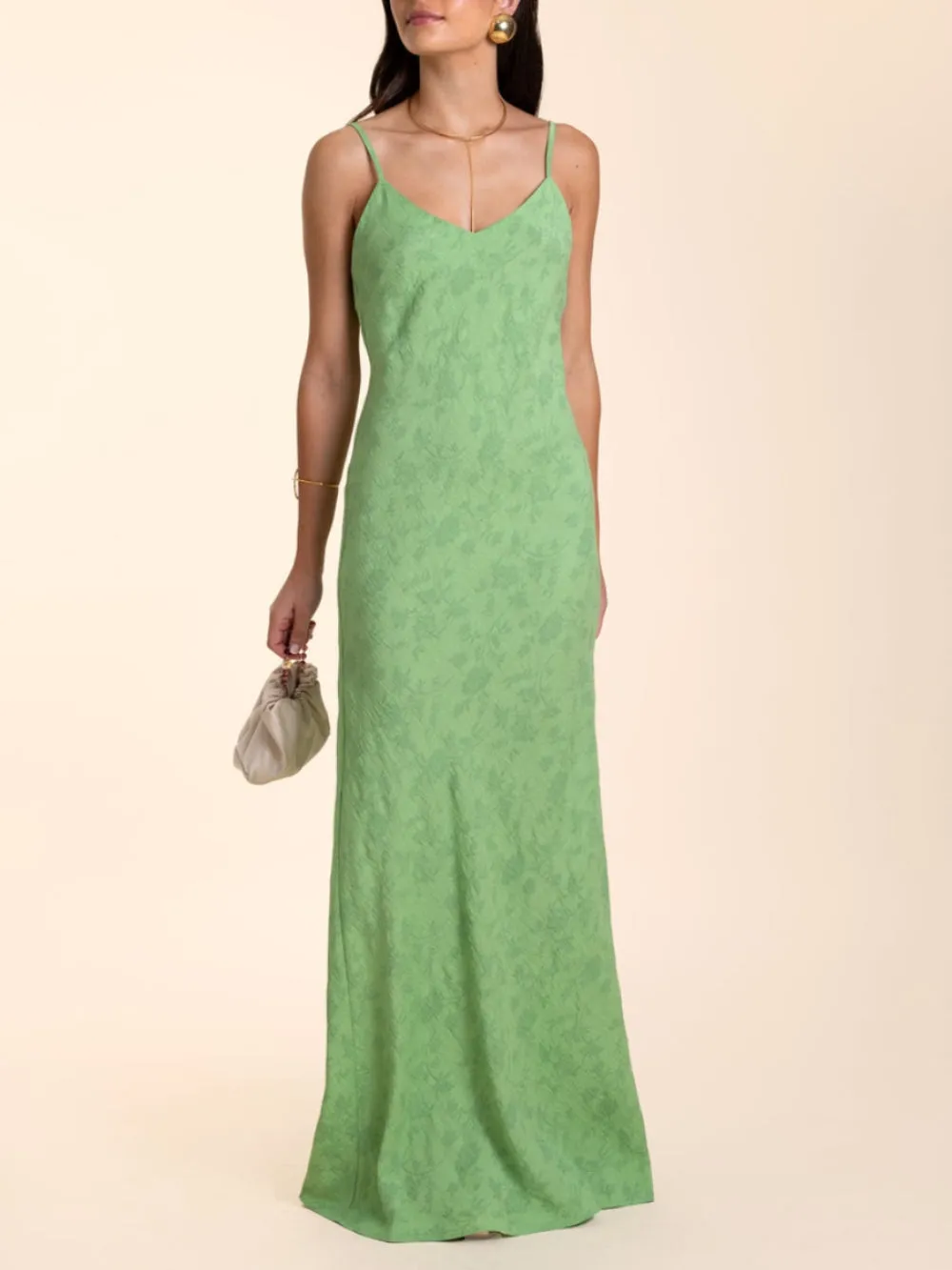 Elegant Lime Green Jacquard V-Neck Maxi Dress sold by Like My Choice product image thumbnail 3