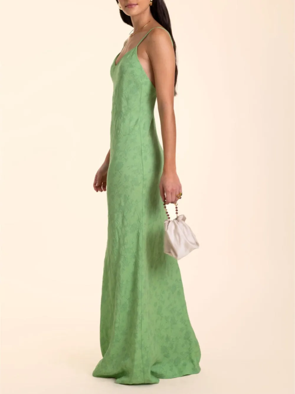 Elegant Lime Green Jacquard V-Neck Maxi Dress sold by Like My Choice product image thumbnail 4