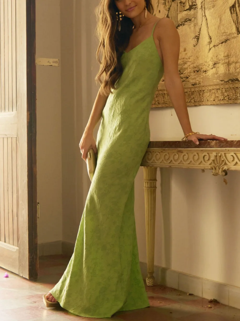Elegant Lime Green Jacquard V-Neck Maxi Dress sold by Like My Choice