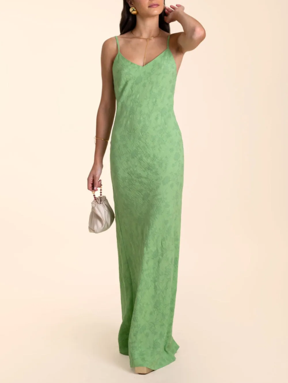 Elegant Lime Green Jacquard V-Neck Maxi Dress sold by Like My Choice product image thumbnail 2