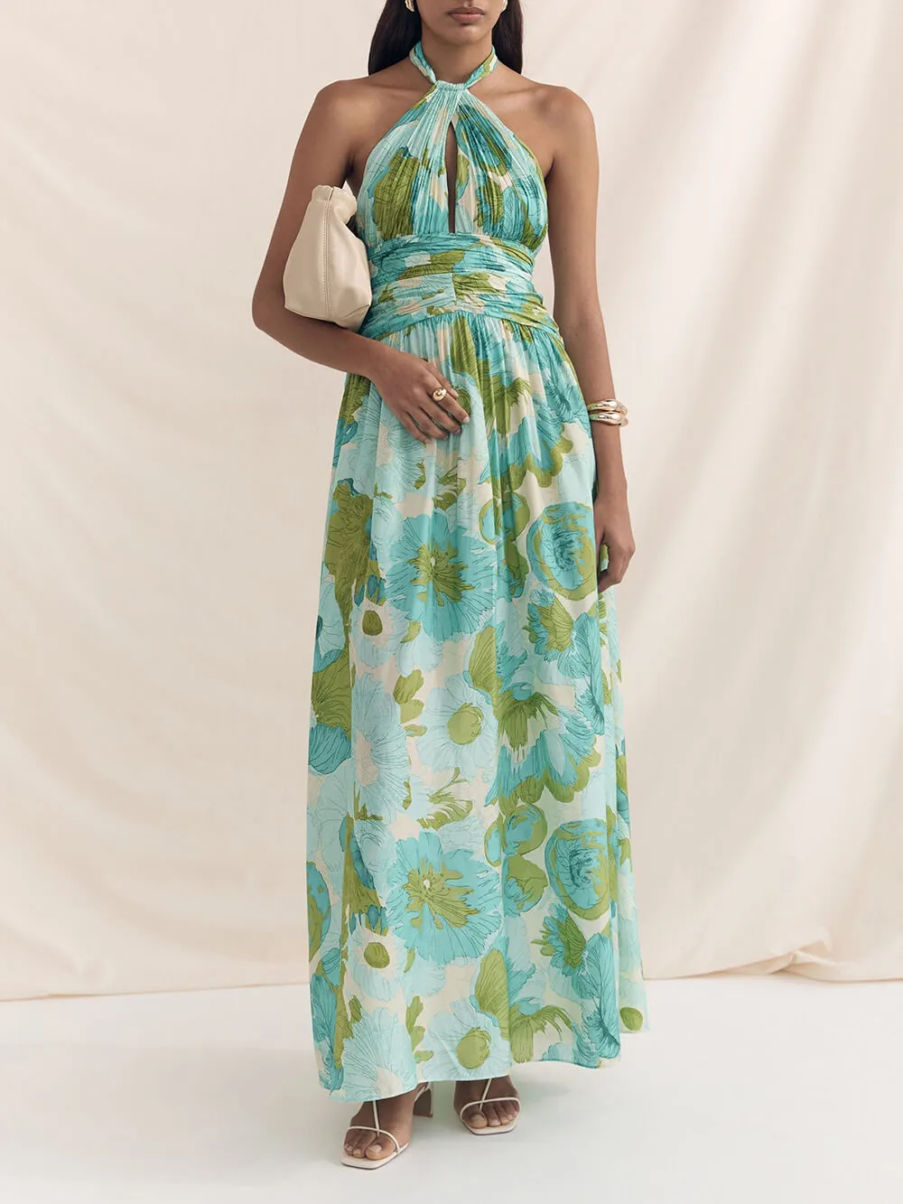Elegant Versatile Halter Neck Printed Pleated Maxi Dress sold by Like My Choice