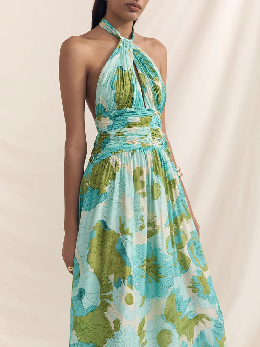 Elegant Versatile Halter Neck Printed Pleated Maxi Dress sold by Like My Choice product image thumbnail 3