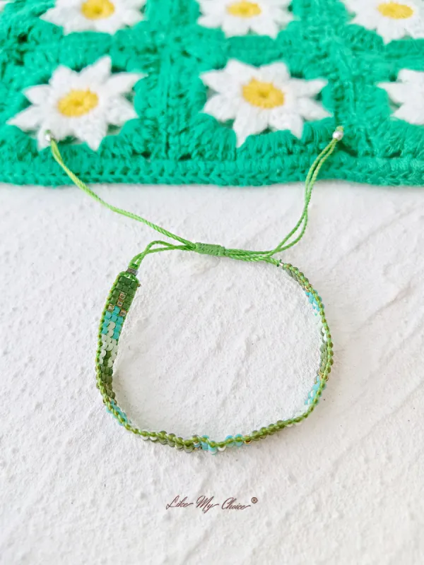 Adjustable Drawstring Beaded Bracelet Gradient Green Pompoms sold by Like My Choice