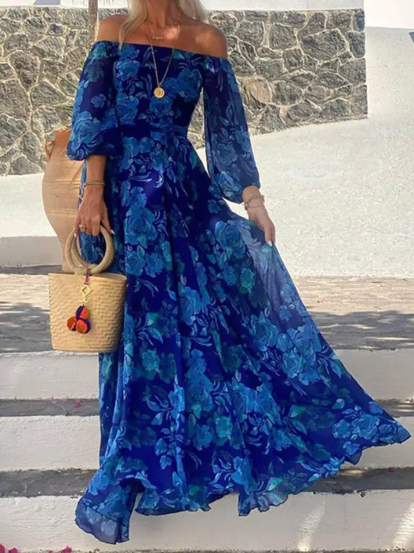 Foral Off Shoulder Back Smocked Vacation Maxi Dress sold by Like My Choice