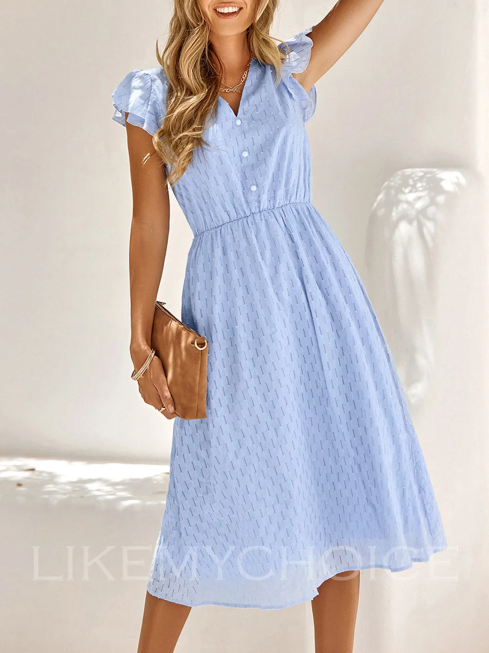 Flutter Sleeve V-Neck Buttoned Dress sold by Like My Choice