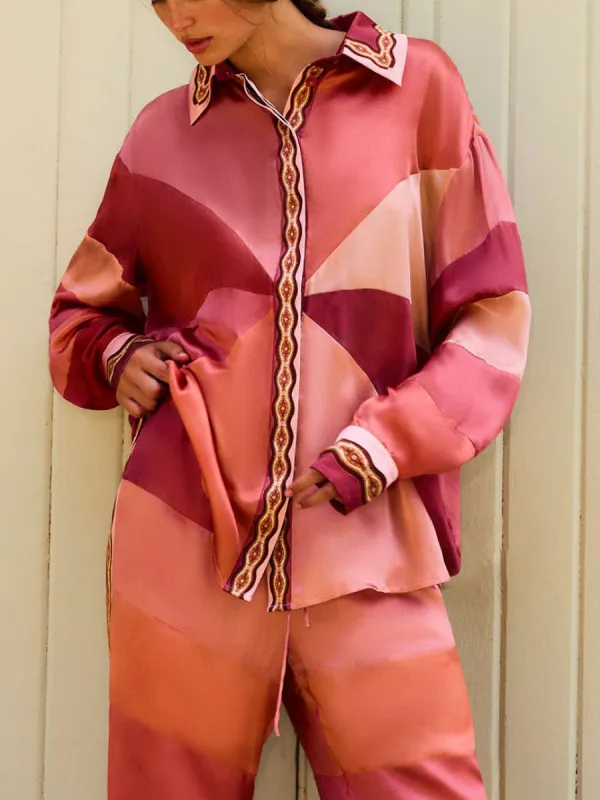 Satin Unique Paisley Print Irregular Contrast Loose Shirt sold by Like My Choice