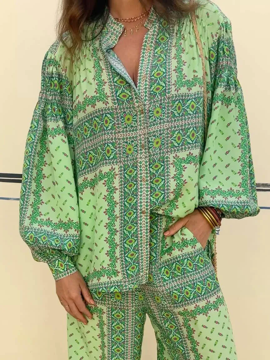 Satin Retro Monet Garden Print Loose Long-Sleeved Shirt sold by Like My Choice