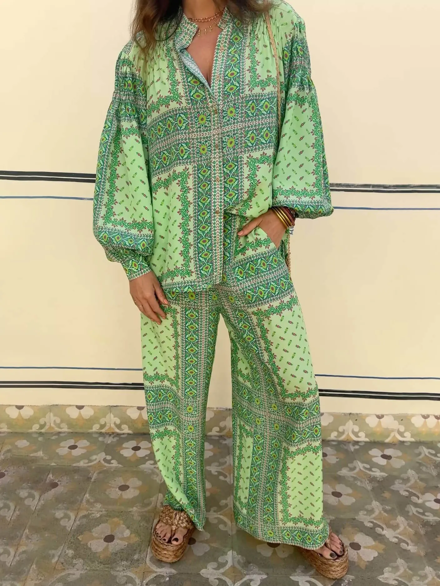 Satin Retro Monet Garden Print Loose Long-Sleeved Shirt sold by Like My Choice product image thumbnail 5