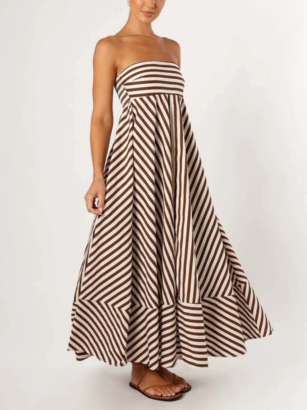 Elegant Bandeau Stripe Color Blocking Strapless Maxi Dress sold by Like My Choice