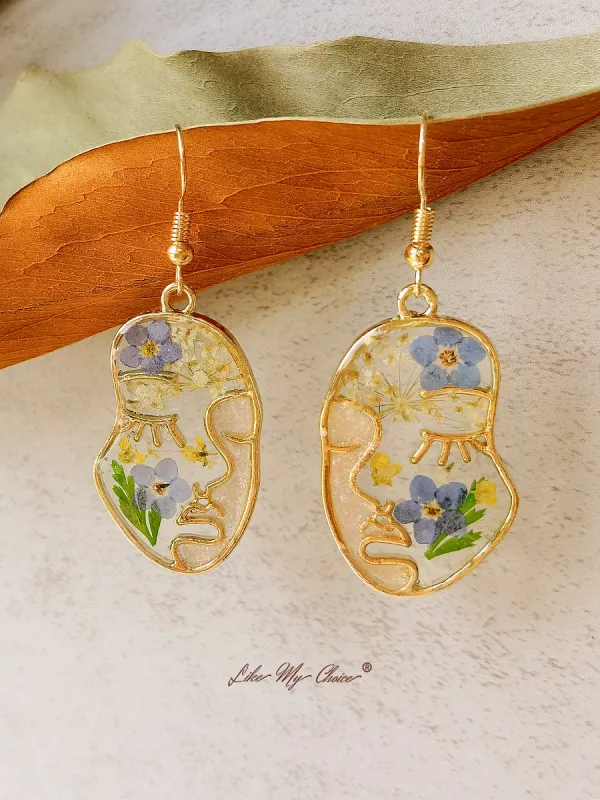Pressed Flower Earrings - Abstract Face Forget Me Not Flower sold by Like My Choice