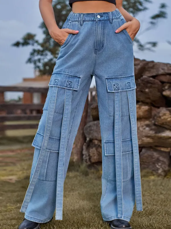 Washed Ribbon Denim Cargo Pants sold by Like My Choice