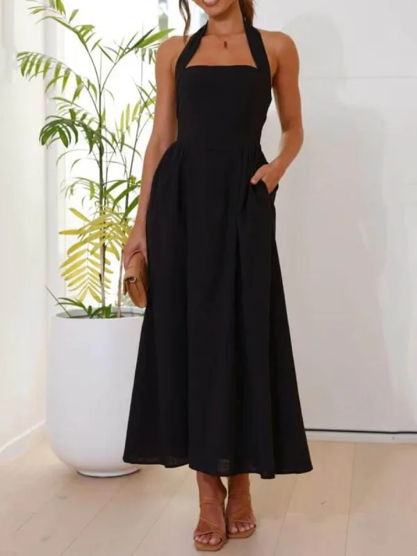 Halter Neck Waist Little Black Dress Mid Length Dress sold by Like My Choice