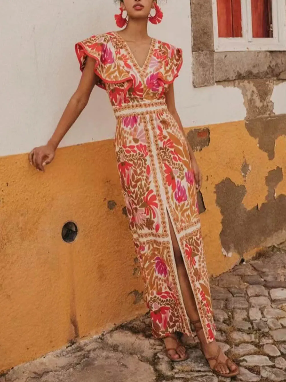 Fashionable V-Neck Ruffled Open Print Backless Dress sold by Like My Choice