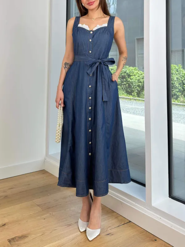 Denim Square Neck Casual Midi Dress sold by Like My Choice