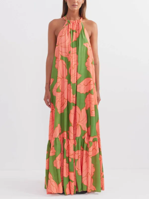 Halter Neck Floral Print Trapeze Layered Maxi Dress sold by Like My Choice
