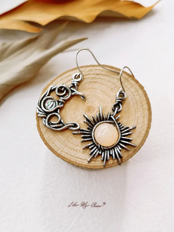 Boho Crystal Moonstone Earrings Sun Moon Asymmetrical Drop Earrings sold by Like My Choice