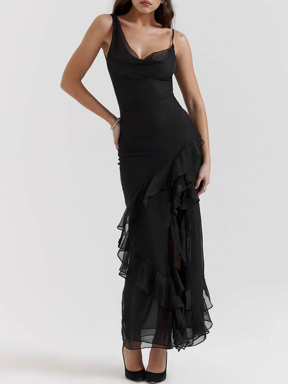 Black Ruffle Maxi Dress sold by Like My Choice