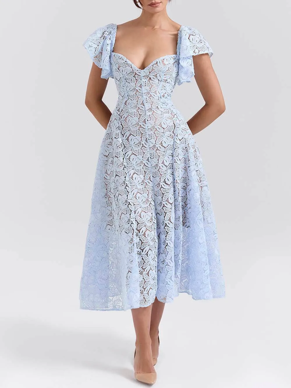 Romantic Bluebell Lace Butterfly Sleeve Sweetheart Neck Stretch Midi Dress sold by Like My Choice