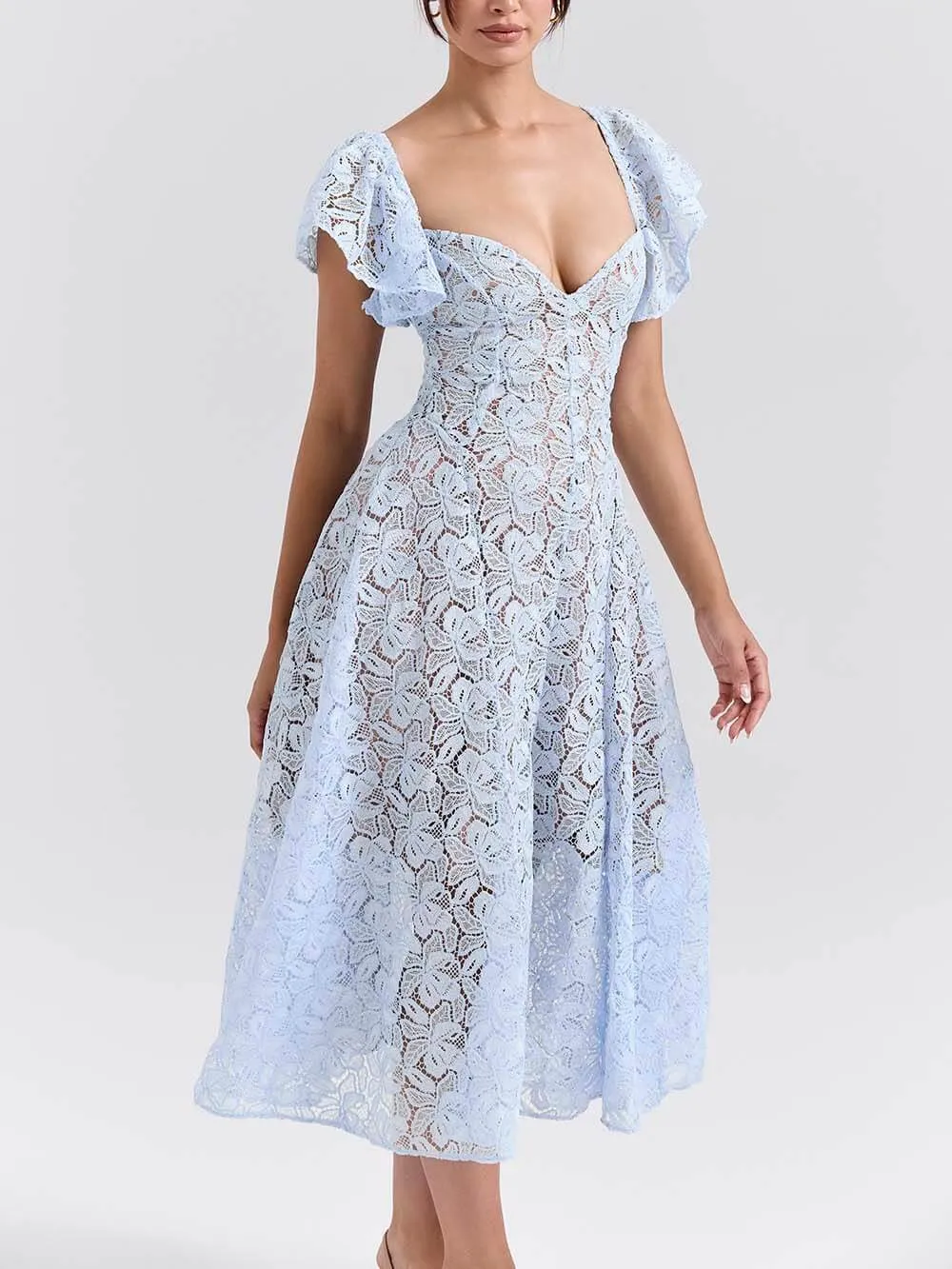 Romantic Bluebell Lace Butterfly Sleeve Sweetheart Neck Stretch Midi Dress sold by Like My Choice product image thumbnail 2