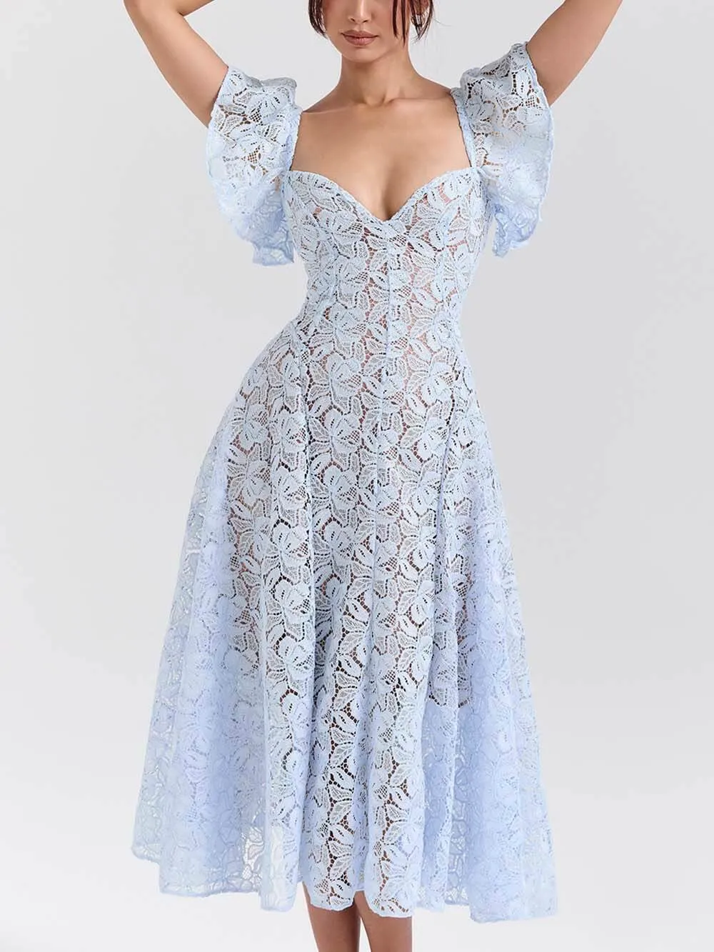 Romantic Bluebell Lace Butterfly Sleeve Sweetheart Neck Stretch Midi Dress sold by Like My Choice product image thumbnail 3