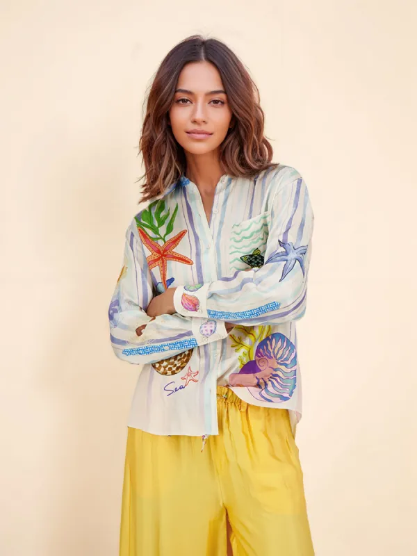 Print Ocean Theme Long Sleeve Collared Shirt sold by Like My Choice
