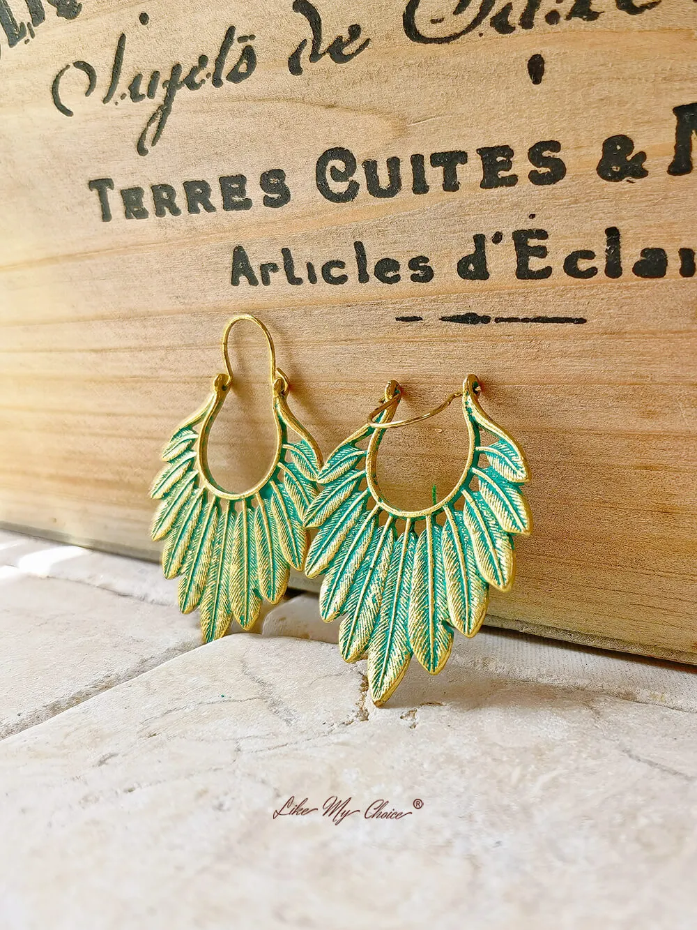 Bohemian Turquoise Gold Feather Earrings sold by Like My Choice product image thumbnail 4